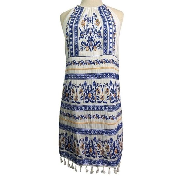 Skies Are Blue Dress Womens Small Floral Boho Embroidered Fringe Halter Summer - Picture 1 of 14